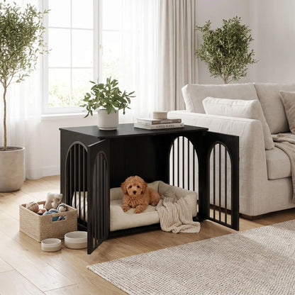 Cage design chien et chiot de petite à moyenne race , bois blanc barreaux en acier blanc inoxydable cylindrique de 1 cm d'épaisseur robuste et anti-déformation, 3 portes d'accès, double porte avant et porte latérale, respirante et ouverte avec fond en bois et ouverteure par barreaux sur 180° degrés pour chiot et chien -un chiot de race moyenne couché confortablement sur son matelas dans son meuble niche en bois noir avec double portes avant ouvertes et porte latérale fermée dans le salon de la maison