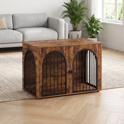 Cage-chien-interieur-chiot--petite-moyenne-race-bois vintage et barreaux en acier inoxydable cylindrique de 1 cm d'épaisseur robuste et anti-déformation, 3 portes d'accès, double porte avant etporte latérale, respirante et ouverte avec un fond en bois et ouverteure par barreux espacé sur 180° degrés pour chiot et chien de 0 à 15 kilos-gros plan sur le meuble niche en bois brut avec ses 3 portes avec doubles serrures fermées de 100 cm de long dans le salon de l'appartement