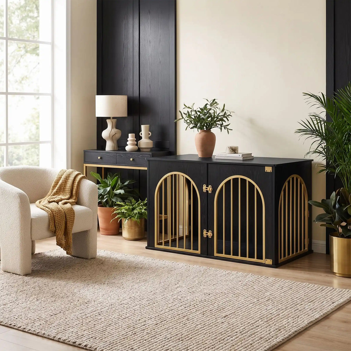 Cage chien et chiot de petite à moyenne race ,meuble intérieur en bois naturel noir et barreaux en acier inoxydable cylindrique de 1 cm d'épaisseur robuste et anti-déformation de couleur or , 3 portes d'accès, double porte avant et porte latérale, respirante avec fond en bois et ouverture par barreaux sur 180° degrés pour chiot et chien de 0 à 15 kilos-gros plan sur le meuble niche en bois noir et barreaux dorés chic dans le salon de l'appartement