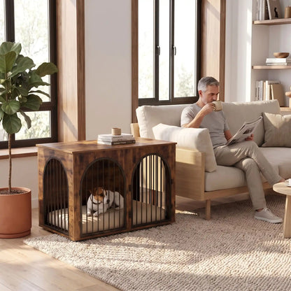 Cage-chien-interieur-chiot--petite-moyenne-race-bois vintage et barreaux en acier inoxydable cylindrique de 1 cm d'épaisseur robuste et anti-déformation, 3 portes d'accès, double porte avant etporte latérale, respirante et ouverte avec un fond en bois et ouverteure par barreux espacé sur 180° degrés pour chiot et chien de 0 à 15 kilos-un chien de petite race couché confortablement sur son matelas dans son meuble niche en bois brut ses 3 portes vérouillées en meuble d'appoint à côté du canapé du salon 