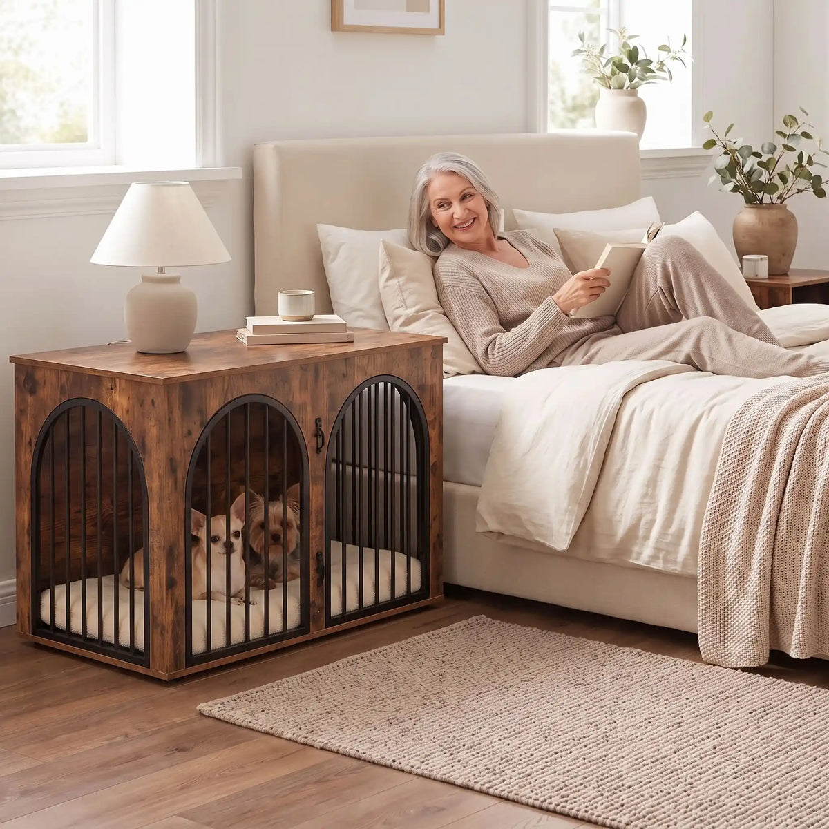 Cage-chien-interieur-chiot--petite-moyenne-race-bois vintage et barreaux en acier inoxydable cylindrique de 1 cm d'épaisseur robuste et anti-déformation, 3 portes d'accès, double porte avant et porte latérale, respirante et ouverte avec un fond en bois et ouverture par barreux espacé sur 180° degrés pour chiot et chien de 0 à 15 kilos-deux chien de petite race couchés confortablement sur son matelas dans leur meuble niche en bois brut avec portes fermées en table de chevet contre le lit de leur maitres 