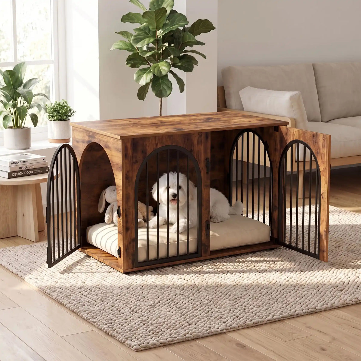Cage-chien-interieur-chiot--petite-moyenne-race-bois vintage et barreaux en acier inoxydable cylindrique de 1 cm d'épaisseur robuste et anti-déformation, 3 portes d'accès, double porte avant etporte latérale, respirante et ouverte avec un fond en bois et ouverteure par barreux espacé sur 180° degrés pour chiot et chien de 0 à 15 kilos-un chien de petite taille couché confortablement sur son matelas dans son meuble niche en bois brut avec deux des ses portes ouvertes et l'autre fermée dans le salon 