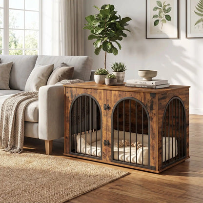 Cage-chien-interieur-chiot--petite-moyenne-race-bois vintage et barreaux en acier inoxydable cylindrique de 1 cm d'épaisseur robuste et anti-déformation, 3 portes d'accès, double porte avant etporte latérale, respirante et ouverte avec un fond en bois et ouverteure par barreux espacé sur 180° degrés pour chiot et chien de 0 à 15 kilos-gros plan sur le meuble niche en bois brut avec ses 3 portes avec doubles serrures fermées de 100 cm en meuble d'appoint dans le salon de l'appartement