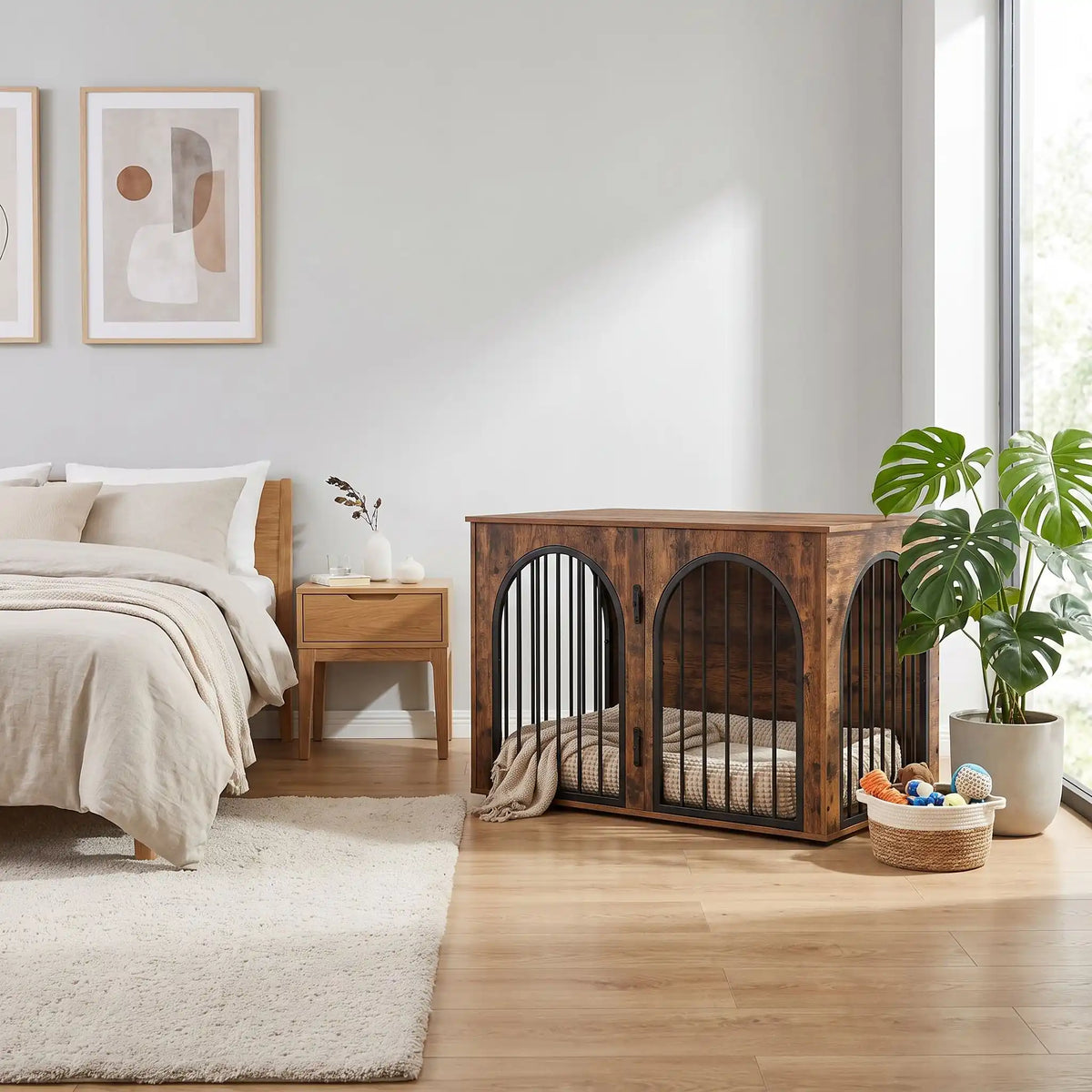 Cage-chien-interieur-chiot--petite-moyenne-race-bois vintage et barreaux en acier inoxydable cylindrique de 1 cm d'épaisseur robuste et anti-déformation, 3 portes d'accès, double porte avant etporte latérale, respirante et ouverte avec un fond en bois et ouverteure par barreux espacé sur 180° degrés pour chiot et chien de 0 à 15 kilos-gros plan sur le meuble niche en bois brut avec ses 3 portes avec doubles serrures fermées de 100 cm en meuble d'appoint dans la chambre de l'appartement