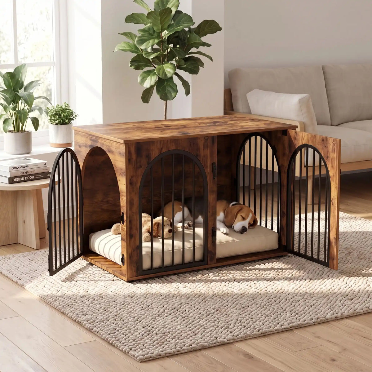 Cage-chien-interieur-chiot--petite-moyenne-race-bois vintage et barreaux en acier inoxydable cylindrique de 1 cm d'épaisseur robuste et anti-déformation, 3 portes d'accès, double porte avant etporte latérale, respirante et ouverte avec un fond en bois et ouverteure par barreux espacé sur 180° degrés pour chiot et chien de 0 à 15 kilos-un chien de race moyenne qui dort couché confortablement sur son matelas dans son meuble niche en bois brut avec deux portes ouvertes dans le salon de l'appartement