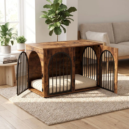Cage-chien-interieur-chiot--petite-moyenne-race-bois vintage et barreaux en acier inoxydable cylindrique de 1 cm d'épaisseur robuste et anti-déformation, 3 portes d'accès, double porte avant etporte latérale, respirante et ouverte avec un fond en bois et ouverteure par barreux espacé sur 180° degrés pour chiot et chien de 0 à 15 kilos-gros plan sur le meuble niche en bois brut avec ses 3 portes avec doubles serrures fermées de 100 cm de long dans le salon  de la maison