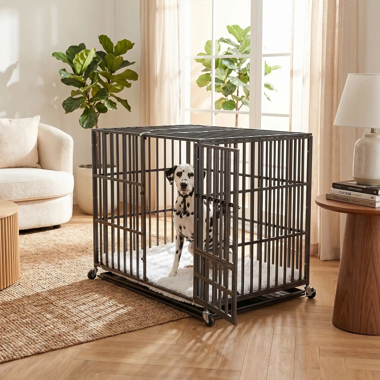 Cage-chien-interieur-indestructibl, solide, anti mastication et anti évasion, en acier carbone inoxydable, barreaux épais rectangulaire pour une solidité maximale, serrure renforcée, ouverture par porte avant et porte sur le toit, fond en renforcée par une barre au milieu et plateau anti-salissures amovible sur 4 roues rotatives 360° pour un déplacement facile, disponible en 3 tailles L, XL et XX pour chien jusqu'à 65 kg-un dalmatien assis confortablement dans sa cage xxl noir dans le salon de l'appartement