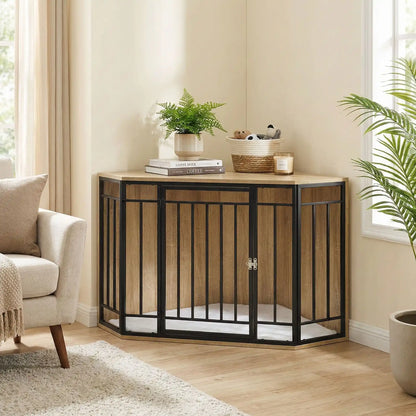 Cage-chien-interieur-chiot-meuble d'angle niche pour chiot et chien de petite à moyenne taille en bois et grilles avec porte verrouillable en acier et son coussin intérieur ultra-doux en sherpa amovible et lavable en machine- bois couleur chêne clair-design pour chien de 0 à 25 kilox et 60 cm max au garrot