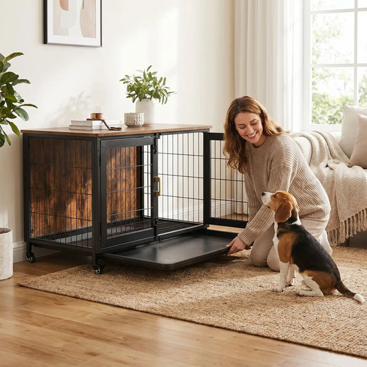 Cage-chien-interieur-avec-4-roues-mobiles rotative à 360° avec freins de sécurité, en bois et acier de couleur noir mat, meuble rectangulaire design moderne et épuré, double porte avant avec serrures robustes à point pour chien et chiot de petite à moyenne taille, de 0 à 30 kg maximum-une propriétaire de chien qui installe en souriant à son chien le fond en forme de plateau amovible anti saletés et anti liquide en acier inoxydable et noir avec son chien de taille moyenne assis qui la regarde faire 