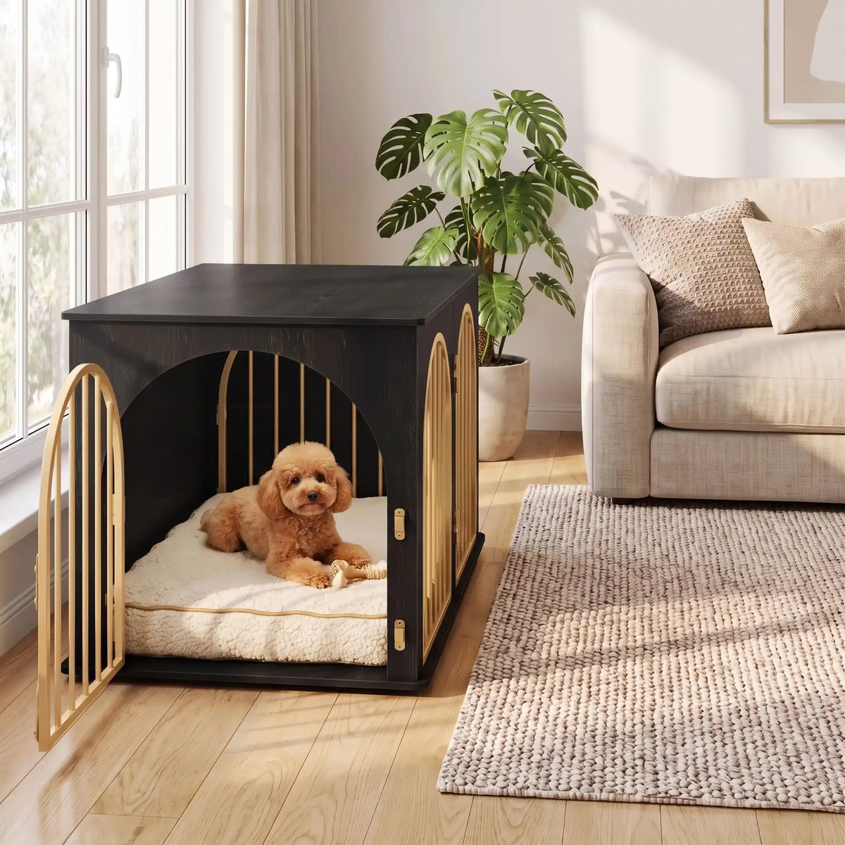 Cage chien et chiot de petite à moyenne race ,meuble intérieur en bois naturel noir et barreaux en acier inoxydable cylindrique de 1 cm d'épaisseur robuste et anti-déformation de couleur or , 3 portes d'accès, double porte avant et porte latérale, respirante avec fond en bois et ouverture par barreaux sur 180° degrés pour chiot et chien de 0 à 15 kilos-gros plan sur la porte latérale ouverte du meuble niche en bois noir et dorés où un chien moyen est allongé dans le salon de la maison