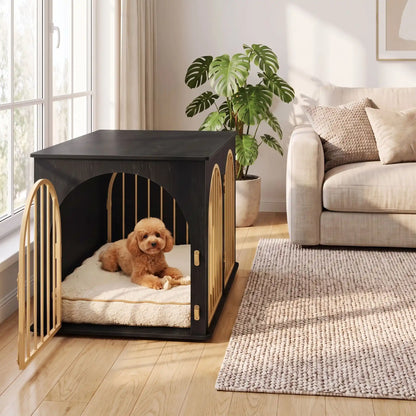 Cage chien et chiot de petite à moyenne race ,meuble intérieur en bois naturel noir et barreaux en acier inoxydable cylindrique de 1 cm d'épaisseur robuste et anti-déformation de couleur or , 3 portes d'accès, double porte avant et porte latérale, respirante avec fond en bois et ouverture par barreaux sur 180° degrés pour chiot et chien de 0 à 15 kilos-gros plan sur la porte latérale ouverte du meuble niche en bois noir et dorés où un chien moyen est allongé dans le salon de la maison