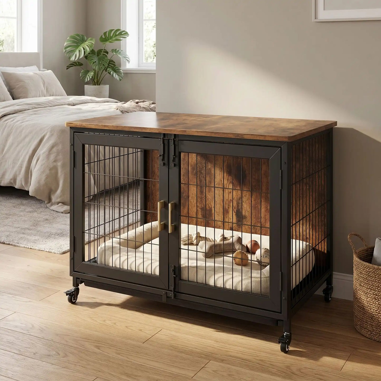 Cage-chien-interieur-avec-4-roues-mobiles rotative à 360° avec freins de sécurité, en bois et acier de couleur noir mat, meuble rectangulaire design moderne et épuré, double porte avant avec serrures robustes à point pour chien et chiot de petite à moyenne taille, de 0 à 30 kg maximum-gros plan sur le meuble cage design en bois foncé et cadre avec barreaux, portes en acier renforcé inoydable de couleur noir et ses 4 roues pour un déplacement facile avec freins sur chaque roues dans le salon de la maison