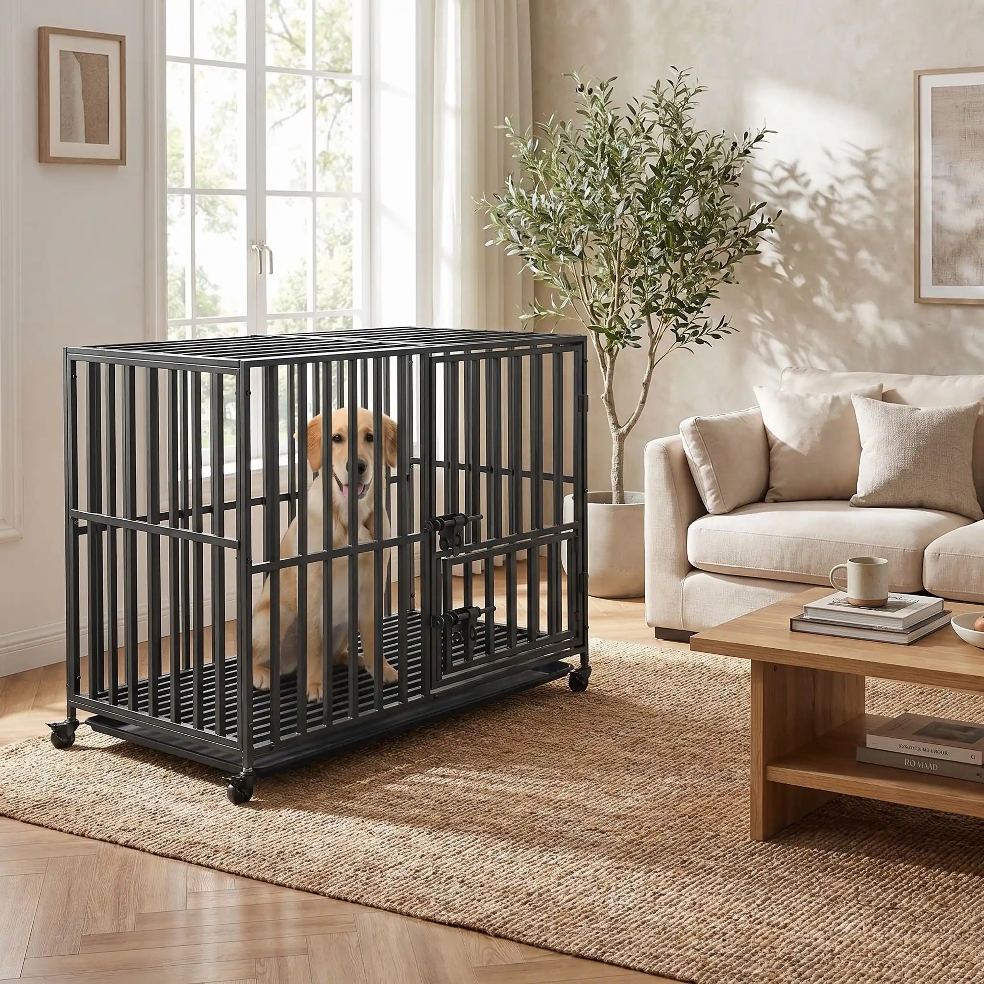 Cage-chien-interieur-indestructibl, solide, anti mastication et anti évasion, en acier carbone inoxydable, barreaux épais rectangulaire pour une solidité maximale, serrure renforcée, ouverture par porte avant et porte sur le toit, fond en renforcée par une barre au milieu et plateau anti-salissures amovible sur 4 roues rotatives 360° pour un déplacement facile, disponible en 3 tailles L, XL et XX pour chien jusqu'à 65 kg-un labrador apaisé assis dans la cage spacieuse XL dans le salon de l'appartement 