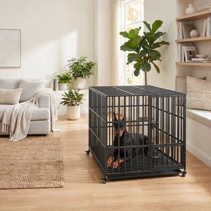 Cage-chien-interieur-indestructibl, solide, anti mastication et anti évasion, en acier carbone inoxydable, barreaux épais rectangulaire pour une solidité maximale, serrure renforcée, ouverture par porte avant et porte sur le toit, fond en renforcée par une barre au milieu et plateau anti-salissures amovible sur 4 roues rotatives 360° pour un déplacement facile, disponible en 3 tailles L, XL et XX pour chien jusqu'à 65 kg-un Dobermann couché dans la cage XXL dans le salon de l'appartement