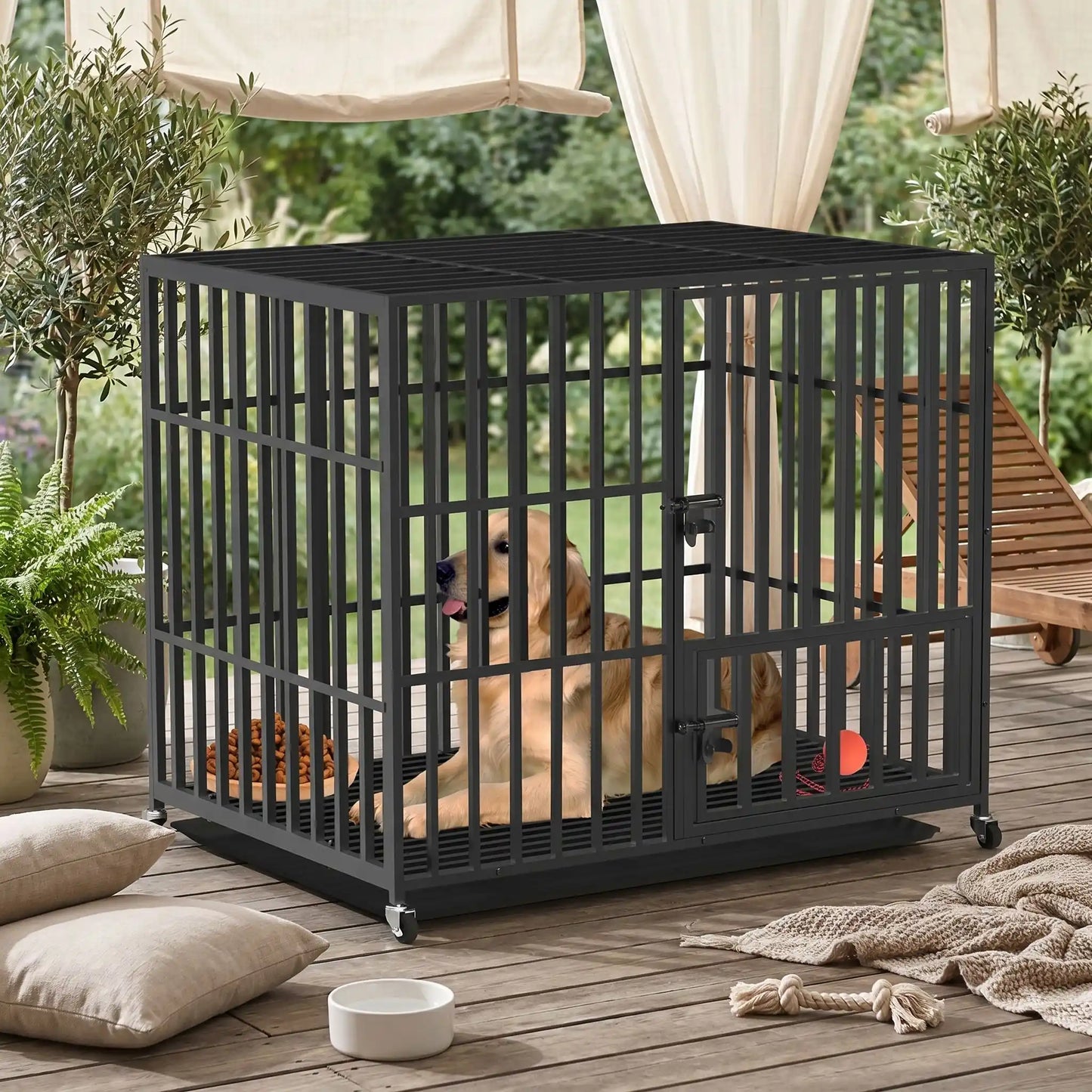Cage-chien-interieur-indestructibl, solide, anti mastication et anti évasion, en acier carbone inoxydable, barreaux épais rectangulaire pour une solidité maximale, serrure renforcée, ouverture par porte avant et porte sur le toit, fond en renforcée par une barre au milieu et plateau anti-salissures amovible sur 4 roues rotatives 360° pour un déplacement facile, disponible en 3 tailles L, XL et XX pour chien jusqu'à 65 kg-un golden retriever couché  dans la cage XXL dans le jardin de la maison