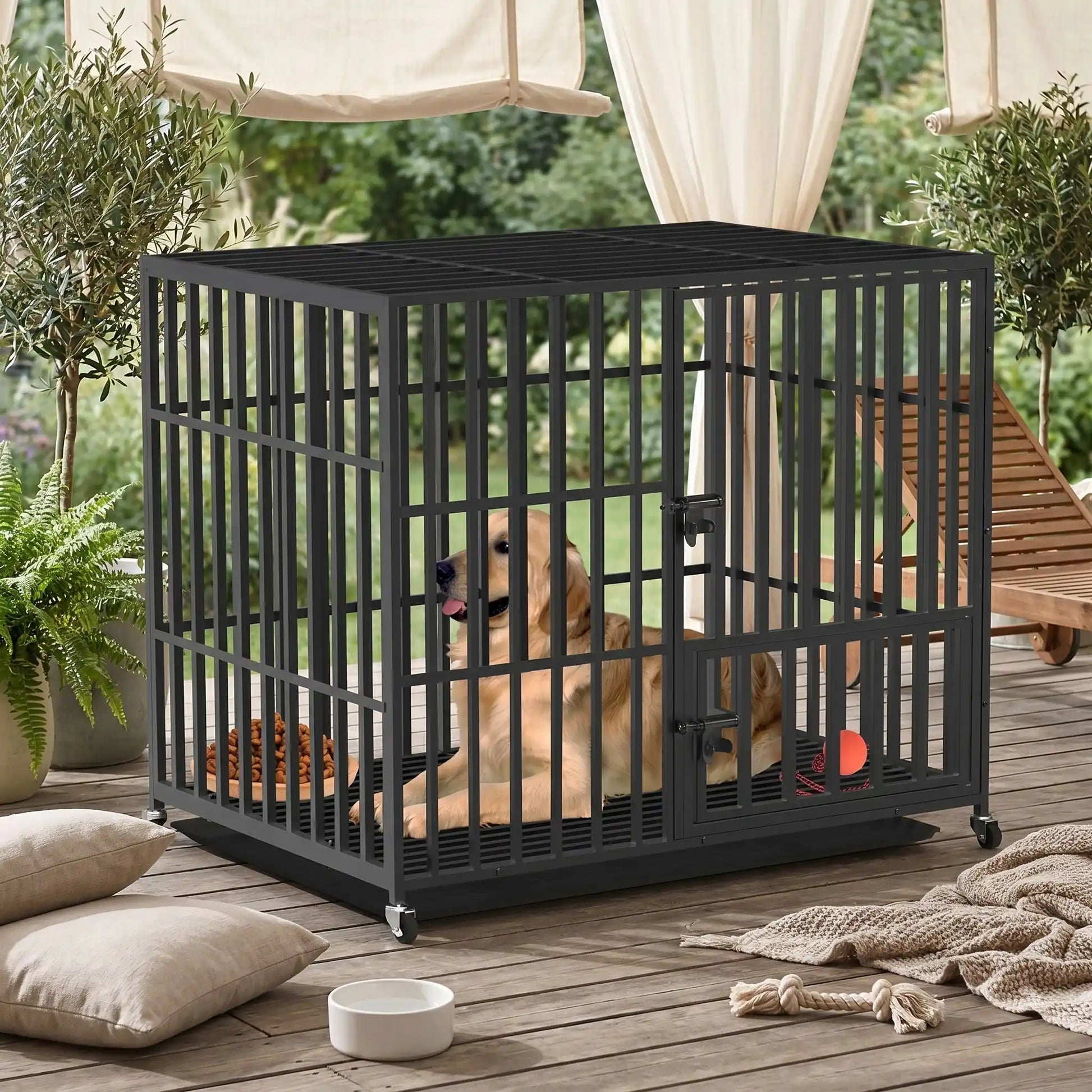Cage-chien-interieur-indestructibl, solide, anti mastication et anti évasion, en acier carbone inoxydable, barreaux épais rectangulaire pour une solidité maximale, serrure renforcée, ouverture par porte avant et porte sur le toit, fond en renforcée par une barre au milieu et plateau anti-salissures amovible sur 4 roues rotatives 360° pour un déplacement facile, disponible en 3 tailles L, XL et XX pour chien jusqu'à 65 kg-un golden retriever couché  dans la cage XXL dans le jardin de la maison