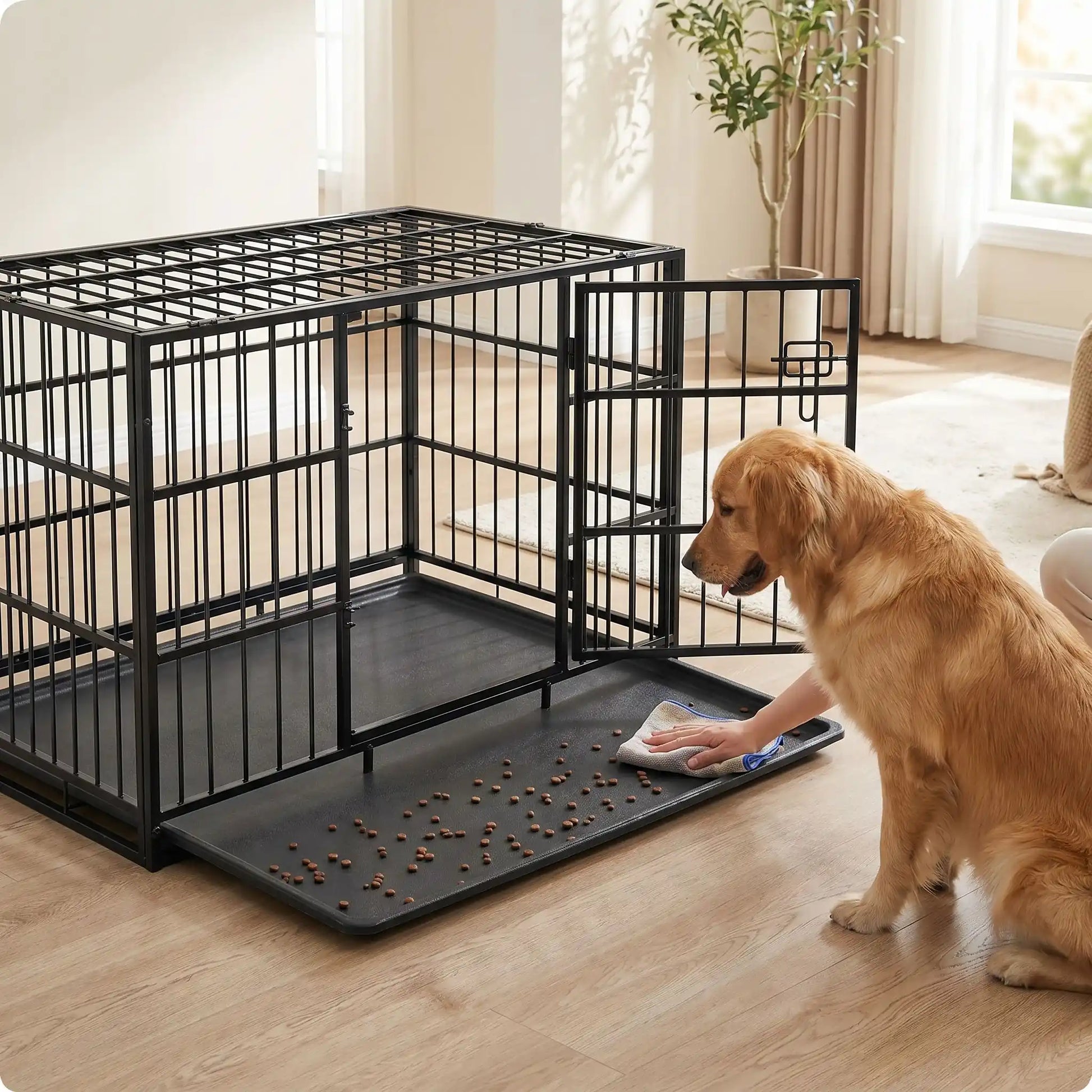 Cage-chien-interieur-chiot-xl en acier noir robuste avec 4 verrous, deux porte sur le toit et le devant pour le chien, plateau en fond amovible ramasse saleté pour un nettoyage facile et rapide gilles intérieur adapté aux chiens à pattes courtes, rectangulaire pour chiot et chien de moyenne à grande taille juqu'à 40 kg-une propriétaire de chien qui enlève en tirant le plateau amovible de la cage qui a recueillit des croquettes des poils et des liquides pour un nettoyage rapide et facile 