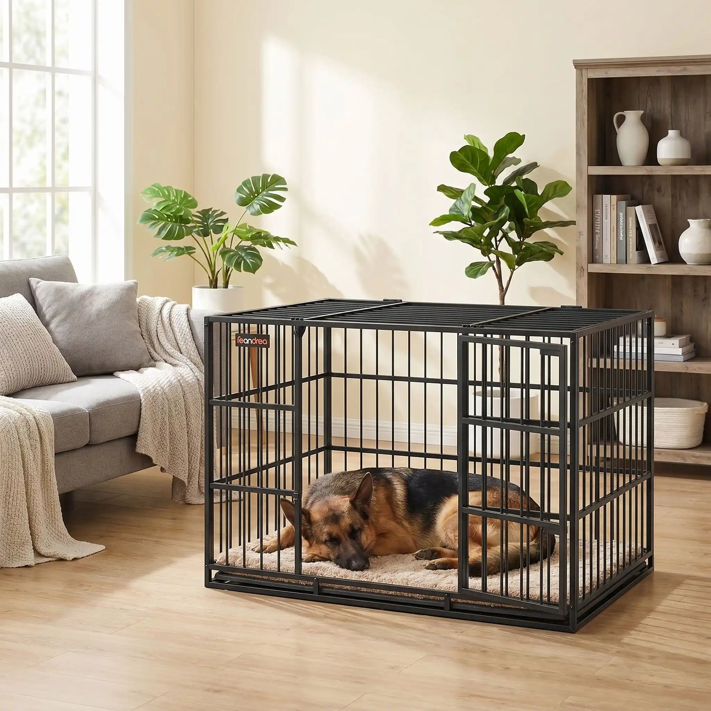 Cage-chien-interieur-chiot-xl en acier noir robuste avec 4 verrous, deux porte sur le toit et le devant pour le chien, plateau en fond amovible ramasse saleté pour un nettoyage facile et rapide gilles intérieur adapté aux chiens à pattes courtes, rectangulaire pour chiot et chien de moyenne à grande taille juqu'à 40 kg-un Berger allemand qui dort pasiblement sur son tapis douillet dans sa cage sécurisée avec la porte avant et le toit fermé dans le salon de l'appartement