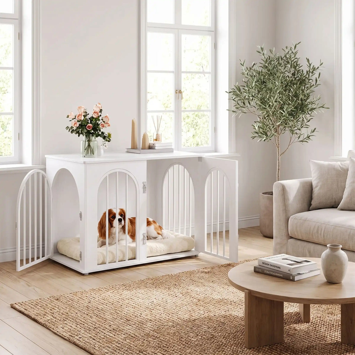 Cage design chien et chiot de petite à moyenne race , bois blanc barreaux en acier blanc inoxydable cylindrique de 1 cm d'épaisseur robuste et anti-déformation, 3 portes d'accès, double porte avant et porte latérale, respirante et ouverte avec fond en bois et ouverteure par barreaux sur 180° degrés pour chiot et chien -un chien de moyenne taille couché confortablement sur son matelas dans son meuble niche en bois blanc avec une porte avant ouverte et la porte latérale ouverte dans le salon de l'appartement