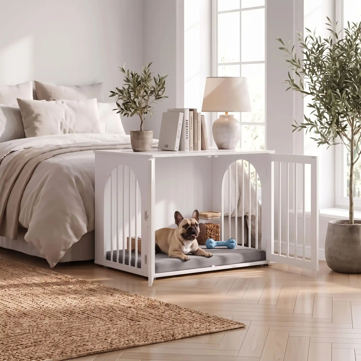 Cage design chien et chiot de petite à moyenne race , bois blanc barreaux en acier blanc inoxydable cylindrique de 1 cm d'épaisseur robuste et anti-déformation, 3 portes d'accès, double porte avant et porte latérale, respirante et ouverte avec fond en bois et ouverteure par barreaux sur 180° degrés pour chiot et chien -un chien de moyenne taille couché confortablement sur son matelas dans son meuble niche en bois blanc avec une porte avant ouverte et la porte latérale ouverte au pied du lit de ses maitres 