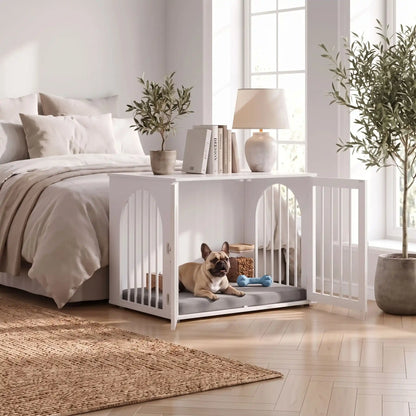 Cage design chien et chiot de petite à moyenne race , bois blanc barreaux en acier blanc inoxydable cylindrique de 1 cm d'épaisseur robuste et anti-déformation, 3 portes d'accès, double porte avant et porte latérale, respirante et ouverte avec fond en bois et ouverteure par barreaux sur 180° degrés pour chiot et chien -un chien de moyenne taille couché confortablement sur son matelas dans son meuble niche en bois blanc avec une porte avant ouverte et la porte latérale ouverte au pied du lit de ses maitres 