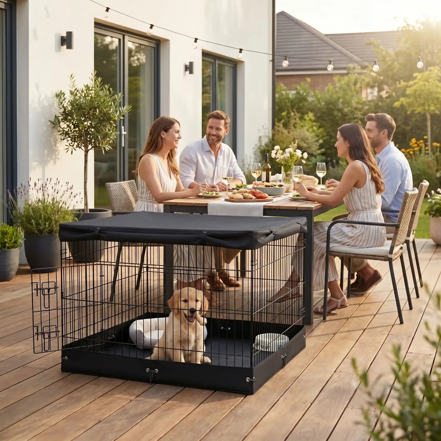 Cage-pour-chien-chiot- de petite à moyenne race, pliable à barreaux en acier carbone solide et toit et fond amovible en tissu oxford 100% imperméable et lavable, utilisation en intérieur et extérieur, légère et transportable pour chiot et chien de 0 à 15 kilos-un chiot avec son os dans la machoire heureux dans sa cage avec fond et toit imperméable et résistants avec sa porte ouverte sur la terrasse où ses maitres prennent le diner avec leurs invités dans le jardin de la maison