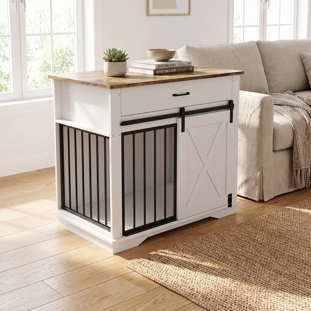 Cage-pour-chien-chiot-maison-meuble-bois-acier noir robuste, avec sa porte avant coulissante design grange avec serrure en acier, meuble  en bois naturel sur le plateau et en bois blanc robuste et décoratif adaptée au chiot et chien de petite à moyenne taille, meuble niche décoratif d'appoint-gros plan sur le meuble cage pour chien et chiot en bois blanc et bois naturel avec sa porte design coulissante et acier noir inoxydable en meuble d'appoint à côté du canapé du salon de la maison