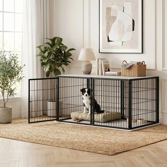 Cage-pour-chien-chiot-modulable-120-cm en acier inoxydable, porte sécurisé avec serrure robuste et anti évasion, porte adaptable en latéral ou sur le devant pour la placer partout, avec 1 plateau décoratif en pvc solide, transformable en parc ouvert sans toit, utilisable à l'intérieur et extérieur pour chien de petite à moyenne taille jusqu'à 30 kg, possibilité d'agrandir avec d'autre module-un chiot de race moyenne assis sur son coussin dans la cage avec la porte ouverte dans le salon de l'appartement