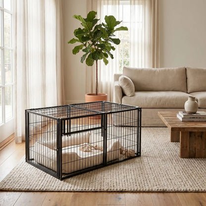 Cage-pour-chien-chiot-modulable-120-cm en acier inoxydable, porte sécurisé avec serrure robuste et anti évasion, porte adaptable en latéral ou sur le devant pour la placer partout, avec 1 plateau décoratif en pvc solide, transformable en parc ouvert sans toit, utilisable à l'intérieur et extérieur pour chien de petite à moyenne taille jusqu'à 30 kg, possibilité d'agrandir avec d'autre module-gros plan sur la cage vérouillée pour chien et chiot sans le plateau pvc en forme cage fermée brute dans le salon 