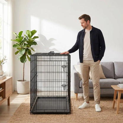 Cage-pour-chien-chiot- de grande  race, pliable à barreaux en acier solide et toit et fond amovible en plateau PVC de 3 cm de profondeur 100% imperméable et lavable, légère et transportable avec ses deux poignée de transport pour chiot et chien jusu'à 60 kilos max, 2 portes avec 7 serrures au total, une porte avant et une latérale-photo d'un homme debout à côté de la cage avec sa grande hauteur de 114 cm et de longueur de 122 cm, idéale pour les chiens de grande taille de 40 à 60 kilos pour un grand espace
