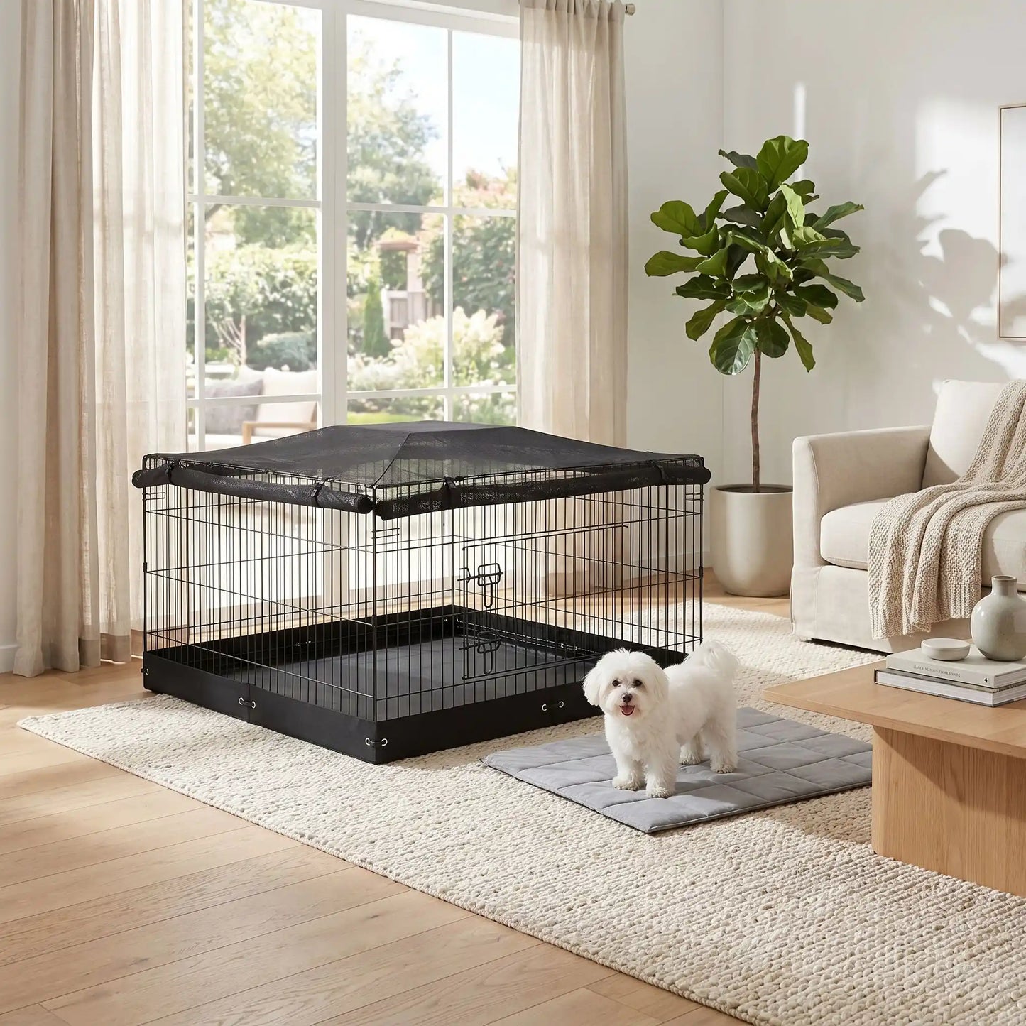 Cage-pour-chien-chiot- de petite à moyenne race, pliable à barreaux en acier carbone solide et toit et fond amovible en tissu oxford 100% imperméable et lavable, utilisation en intérieur et extérieur, légère et transportable pour chiot et chien de 0 à 15 kilos-un bichon maltais sur son tapis à côté de sa cage pliable en acier carbone résistante et légère avec ses deux tissus imperméables ultra-résistant ppour toit et fond avec anneaux renforcés pour une installation solide et sécurisante dans le salon 