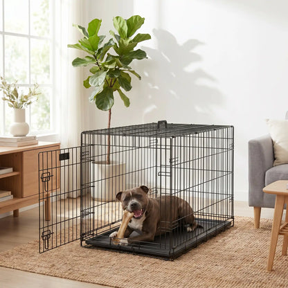 Cage-pour-chien-chiot- de grande  race, pliable à barreaux en acier solide et toit et fond amovible en plateau PVC de 3 cm de profondeur 100% imperméable et lavable, légère et transportable avec ses deux poignée de transport pour chiot et chien jusu'à 60 kilos max, 2 portes avec 7 serrures au total, une porte avant et une latérale-un chien de grande taille couché confortablement  qui mange son os dur dans sa cage solide avec plateau pvc et lavable résistant avec la porte latérale ouverte dans le salon