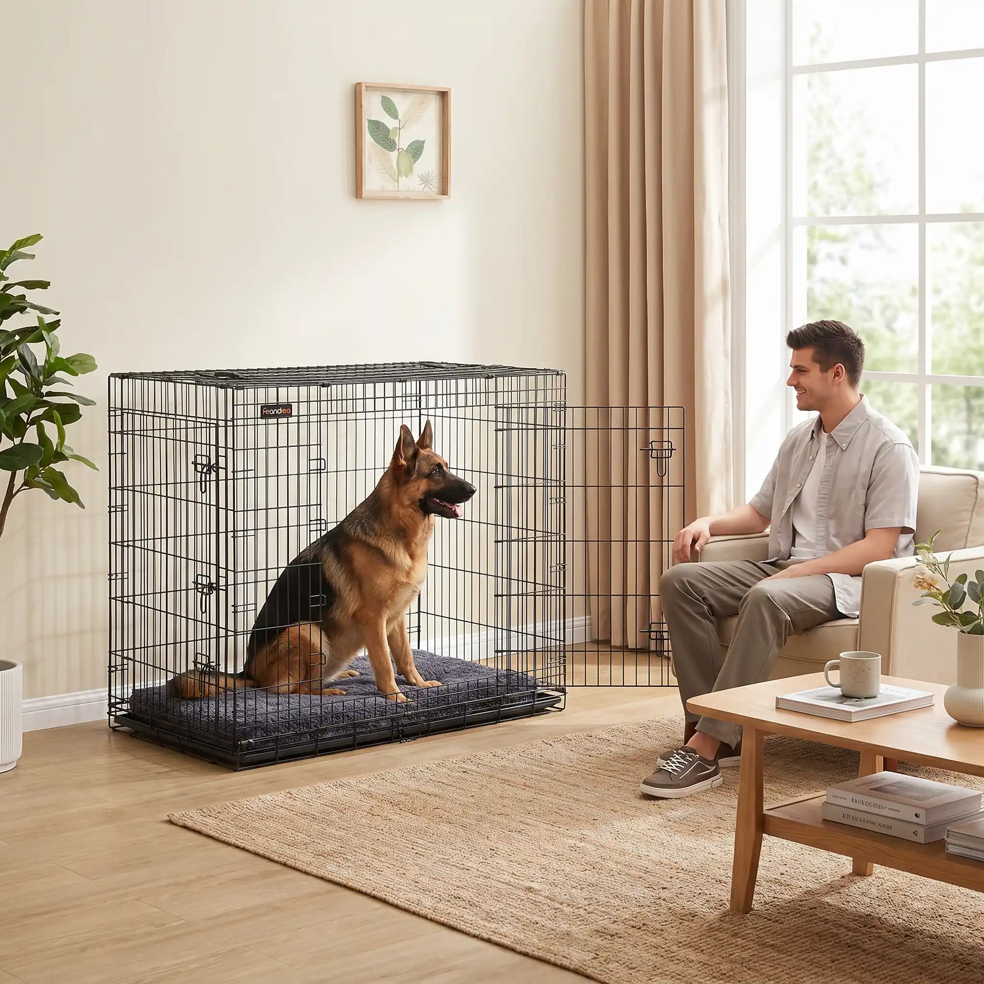 Cage-pour-chien-chiot- de grande  race, pliable à barreaux en acier solide et toit et fond amovible en plateau PVC de 3 cm de profondeur 100% imperméable et lavable, légère et transportable avec ses deux poignée de transport pour chiot et chien jusu'à 60 kilos max, 2 portes avec 7 serrures au total, une porte avant et une latérale-un chien de grande taille assis confortablement  dans sa cage solide avec plateau pvc et lavable avec la porte latérale ouverte qui fait connaissance avec son futur maitre