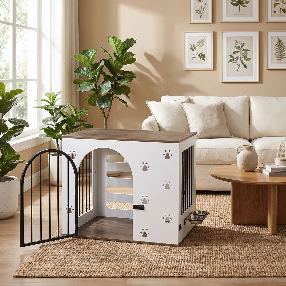  Cage-pour-chien-maison-chiot-niche en bois blanc et bois naturel design avec pattes de chiens sculptées sur les facades avant, facade arrière en bois avec grandes ouverture pour un effet ouvert sécurisant et aérée, grille sur le côté gauche et porte avant en barreaux acier noir inoxydable et ultra résistante avec serrure à loquet coulissant noir et côté droit en bois pour chiot et chien de 0-20 kg-gros plan sur la cage pour chien avec sa porte avant en grille ouverte pour un meuble design et sécurisante
