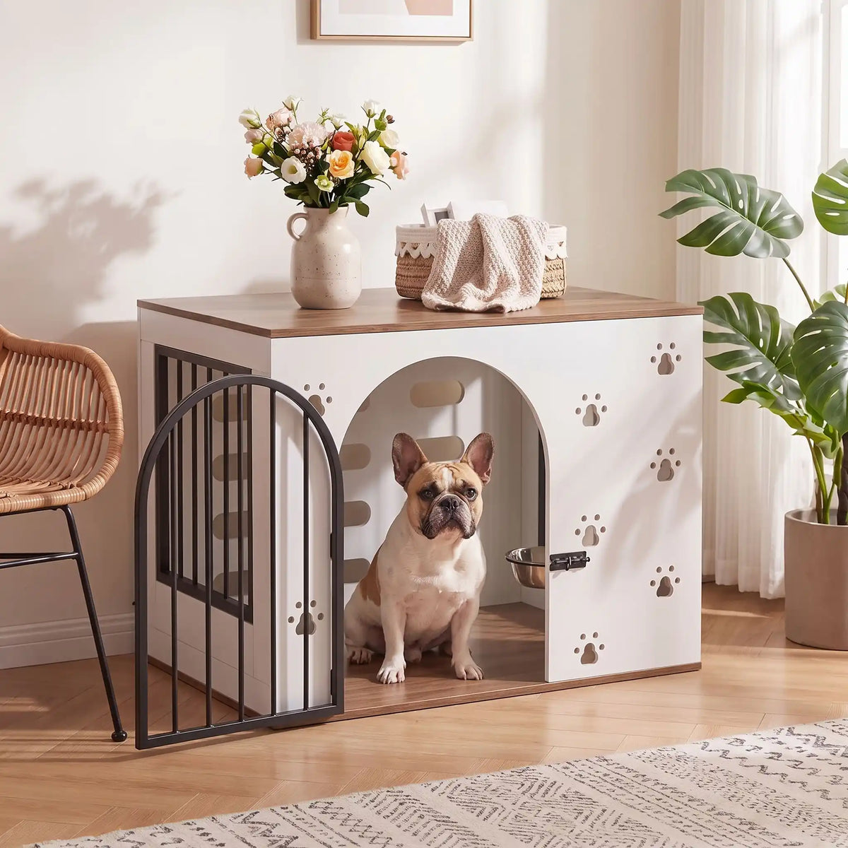Cage-pour-chien-maison-chiot-niche en bois blanc et bois naturel design avec pattes de chiens sculptées sur les facades avant, facade arrière en bois avec grandes ouverture pour un effet ouvert sécurisant et aérée, grille sur le côté gauche et porte avant en barreaux acier noir inoxydable et ultra résistante avec serrure à loquet coulissant noir et côté droit en bois pour chiot et chien de 0-20 kg-un bouledogue français assis confortablement dans la cage, porte grille ouverte en meuble d'appoint