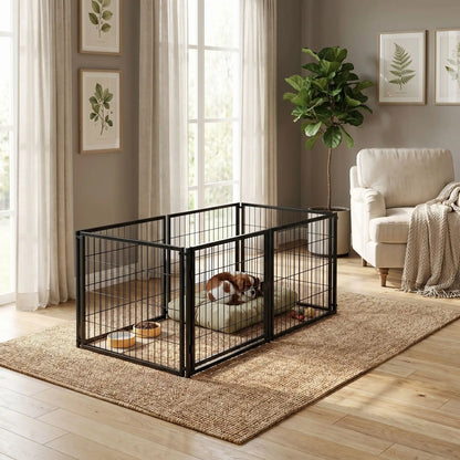 Cage-pour-chien-chiot-modulable-120-cm en acier inoxydable, porte sécurisé avec serrure robuste et anti évasion, porte adaptable en latéral ou sur le devant pour la placer partout, avec 1 plateau décoratif en pvc solide, transformable en parc ouvert sans toit, utilisable à l'intérieur et extérieur pour chien de petite à moyenne taille jusqu'à 30 kg, possibilité d'agrandir avec d'autre module-un chiot de taille moyenne qui dort sur son lit dans la cage en version parc ouvert sans toit dans le salon la maison