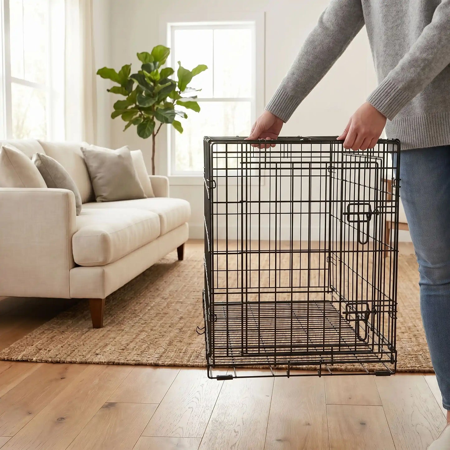 Cage-pour-chien-chiot- de petite à moyenne race, pliable à barreaux en acier carbone solide et toit et fond amovible en tissu oxford 100% imperméable et lavable, utilisation en intérieur et extérieur, légère et transportable pour chiot et chien de 0 à 15 kilos-gros plan sur le mùaitre qui installe la cage pour son chiot dans le salon de l'appartement