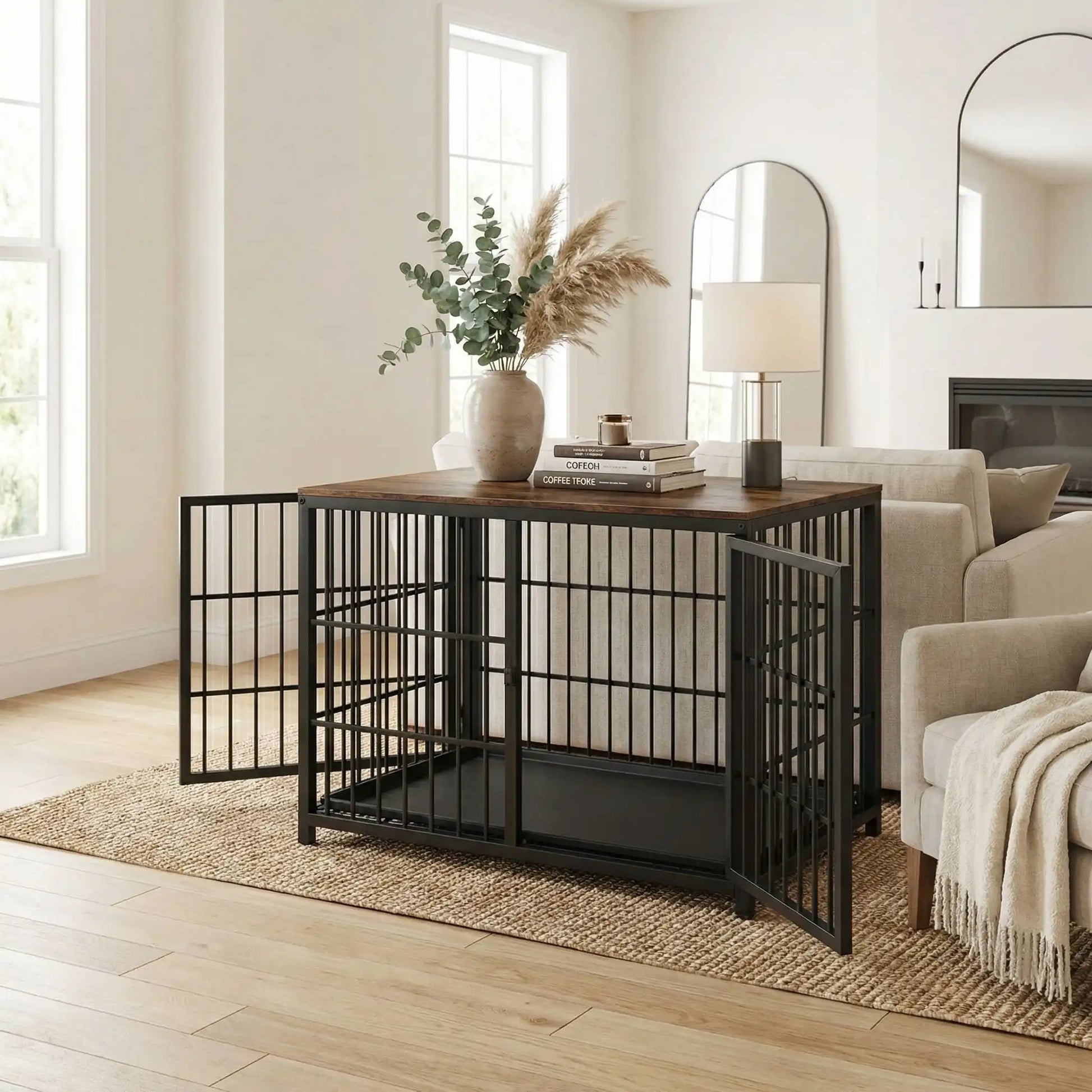 Cage-pour-chien-xxl-bois-chêne-acier-3 portes avec verrou-module combinable pour une cage sur mesure-en bois et acier robuste-meuble niche de décoration et couchage pour chien de toutes tailles -cage intérieur en bois naturel et grilles noir en acier-design moderne industriel en bois et acier noir
