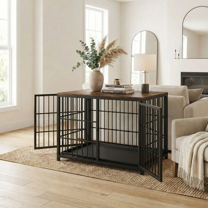 Cage-pour-chien-xxl-bois-chêne-acier-3 portes avec verrou-module combinable pour une cage sur mesure-en bois et acier robuste-meuble niche de décoration et couchage pour chien de toutes tailles -cage intérieur en bois naturel et grilles noir en acier-design moderne industriel en bois et acier noir