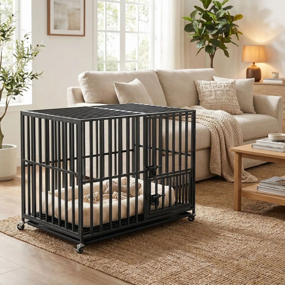Cage-chien-interieur-indestructibl, solide, anti mastication et anti évasion, en acier carbone inoxydable, barreaux épais rectangulaire pour une solidité maximale, serrure renforcée, ouverture par porte avant et porte sur le toit, fond en renforcée par une barre au milieu et plateau anti-salissures amovible sur 4 roues rotatives 360° pour un déplacement facile, taille xxl pour chien jusqu'à 70 kg-gros plan sur la cage xxl solide pour grand chien en acier renforcé de couleur noir sur 4 roulettes rotative 