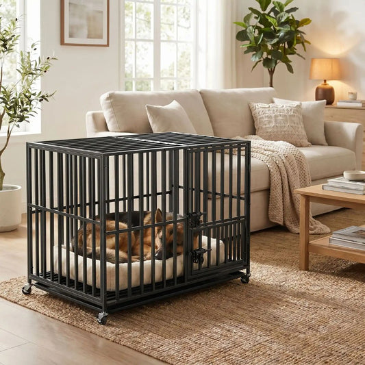 Cage-chien-interieur-indestructibl, solide, anti mastication et anti évasion, en acier carbone inoxydable, barreaux épais rectangulaire pour une solidité maximale, serrure renforcée, ouverture par porte avant et porte sur le toit, fond en renforcée par une barre au milieu et plateau anti-salissures amovible sur 4 roues rotatives 360° pour un déplacement facile, taille xxl pour chien jusqu'à 70 kg-un berger allemand qui dort dans sa cage xxl noir à barreaux renforcés dans le salon de la maison