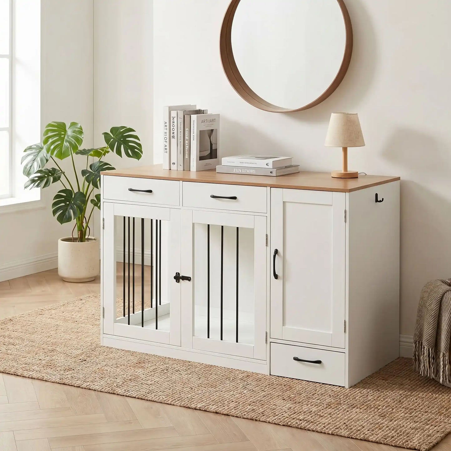 Meuble-cage-pour-chien-petit et moyenne taille-cage de 87 cm en bois foncé et blanc, 2 portes avant en barreaux acier robuste et serrure de sécurité avec deux tiroirs de rangement,une étagère intégrée et un placard de rangement, plus 3 porte laisse, collier intégré, et tiroir à roulette pour support de station d'alimentation  incluant 2 gamelles inox surélevée, bois imperméable et peinture anti-rayure-gros plan sur le meuble cage fermée par la serrure et placard, 2 tiroirs et station d'alimentation fermée 