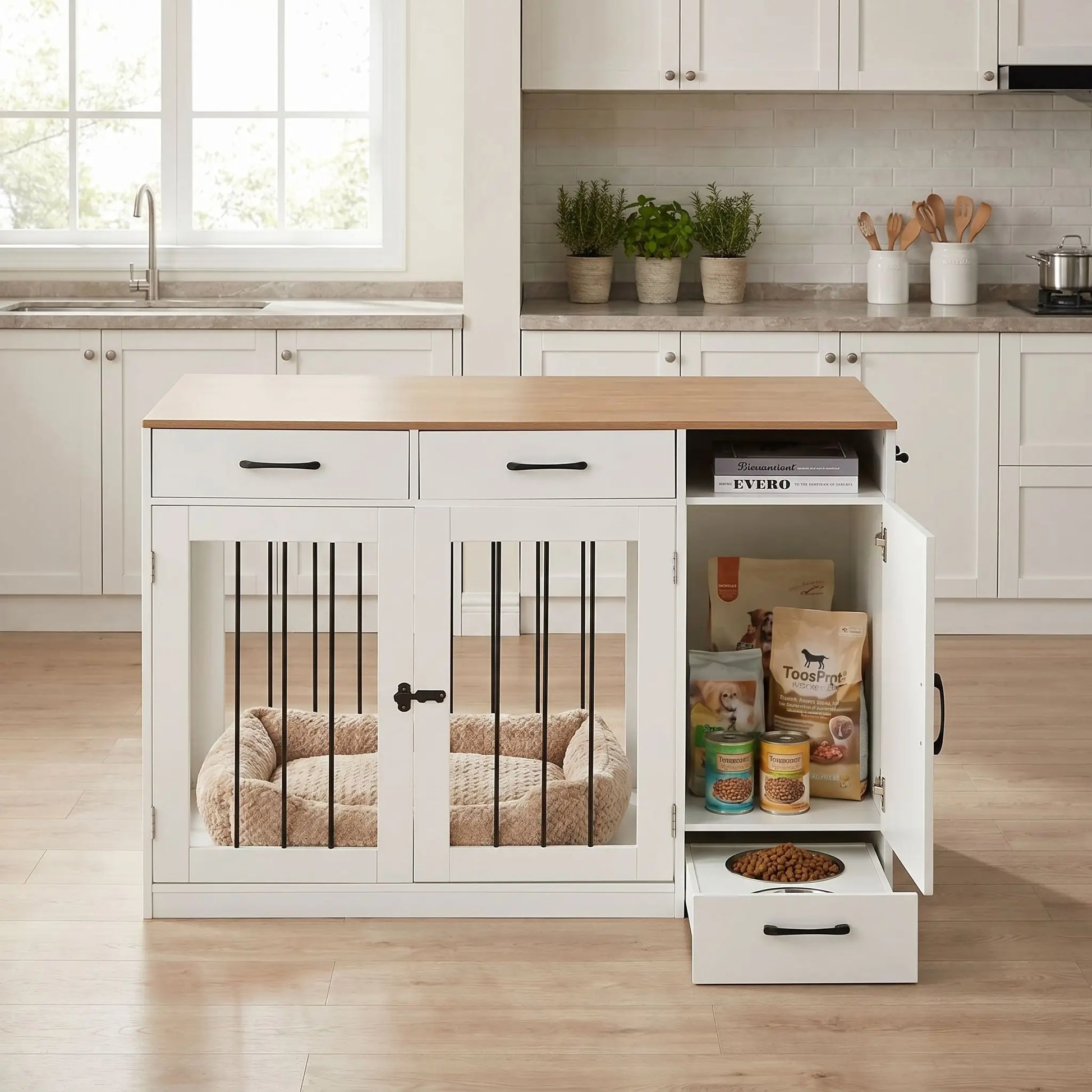 Meuble-cage-pour-chien-petit et moyenne taille-cage de 87 cm en bois foncé et blanc, 2 portes avant en barreaux acier robuste et serrure de sécurité avec deux tiroirs de rangement,une étagère intégrée et un placard de rangement, plus 3 porte laisse, collier intégré, et tiroir à roulette pour support de station d'alimentation  incluant 2 gamelles inox surélevée, bois imperméable et peinture anti-rayure-gros plan sur le meuble, 2 tiroirs, placard ouvert avec nourriture pour chien et support 2 gamelles inox