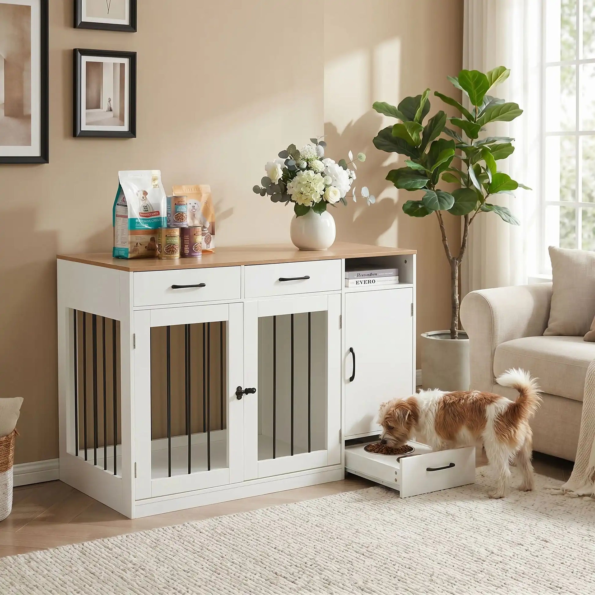 Meuble-cage-pour-chien-petit et moyenne taille-cage de 87 cm en bois foncé et blanc, 2 portes avant en barreaux acier robuste et serrure de sécurité avec deux tiroirs de rangement,une étagère intégrée et un placard de rangement, plus 3 porte laisse, collier intégré, et tiroir à roulette pour support de station d'alimentation  incluant 2 gamelles inox surélevée, bois imperméable et peinture anti-rayure-un chien qui mange ses croquettes dans la gamelle en inox dans le support surélevé du tiroir du meuble cage