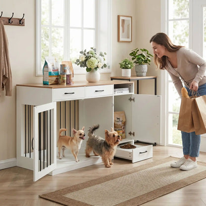 Meuble-cage-pour-chien-petit et moyenne taille-cage de 87 cm en bois foncé et blanc, 2 portes avant en barreaux acier robuste et serrure de sécurité avec deux tiroirs de rangement,une étagère intégrée et un placard de rangement, plus 3 porte laisse, collier intégré, et tiroir à roulette pour support de station d'alimentation  incluant 2 gamelles inox surélevée, bois imperméable et peinture anti-rayure-deux petit chien qui sorte de la cage pour accueillir leur maitresse qui revient des courses souriante