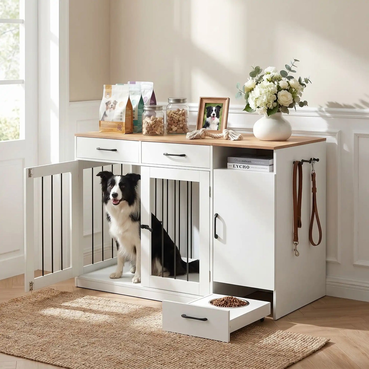 Meuble-cage-pour-chien-petit et moyenne taille-cage de 87 cm en bois foncé et blanc, 2 portes avant en barreaux acier robuste et serrure de sécurité avec deux tiroirs de rangement,une étagère intégrée et un placard de rangement, plus 3 porte laisse, collier intégré, et tiroir à roulette pour support de station d'alimentation  incluant 2 gamelles inox surélevée, bois imperméable et peinture anti-rayure-un border collie assis dans le meuble avec tiroirs et placard et les 2 gamelles inox et laisses accrochés 
