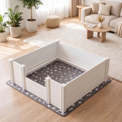 Caisse-de-mise-bas-chien 122x122 cm en PVC imperméable et robuste, entretien facile de couleur blanc et son entrée de 3 hauteur 15/30/46 cm, montage facile rapide sans outil avec son tapis absorbant de 136x136 gris avec motif os et pattes de chien blanches-gros plan sur la caisse de mise à bas pour grand chien avec entrée ajusté pour unaccès facile de la maman et sécurisante pour les chiots qui peuvent s'échapper avec son tapis absorbant dans le salon de la maison