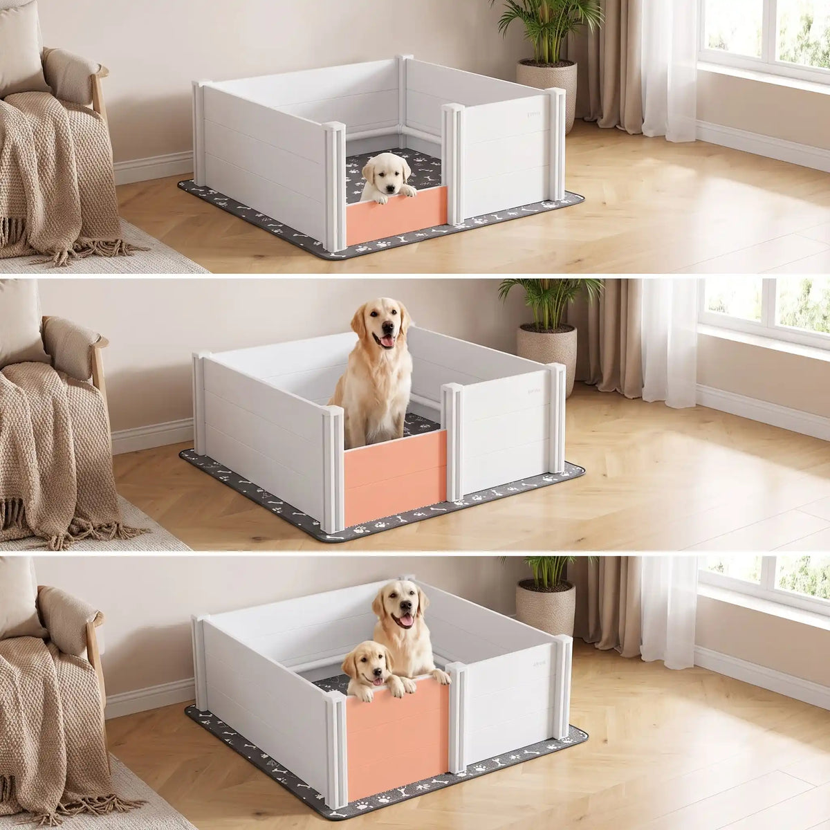 Caisse-de-mise-bas-chien 122x122 cm en PVC imperméable et robuste, entretien facile de couleur blanc et son entrée de 3 hauteur 15/30/46 cm, montage facile rapide sans outil avec son tapis absorbant de 136x136 gris avec motif os et pattes de chien blanches-gros plan sur la caisse de mise à bas pour grand chien avec les 3 sénario avec l'entrée réglables et évolutive : pour que les chiots puissent sortir,ou juste pour la sortie de la maman et empêche les chiots de sortir et la dernière qui les sécurisent tous