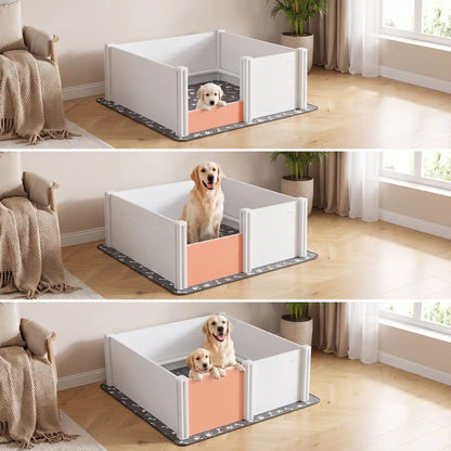 Caisse-de-mise-bas-chien 122x122 cm en PVC imperméable et robuste, entretien facile de couleur blanc et son entrée de 3 hauteur 15/30/46 cm, montage facile rapide sans outil avec son tapis absorbant de 136x136 gris avec motif os et pattes de chien blanches-gros plan sur la caisse de mise à bas pour grand chien avec les 3 sénario avec l'entrée réglables et évolutive : pour que les chiots puissent sortir,ou juste pour la sortie de la maman et empêche les chiots de sortir et la dernière qui les sécurisent tous