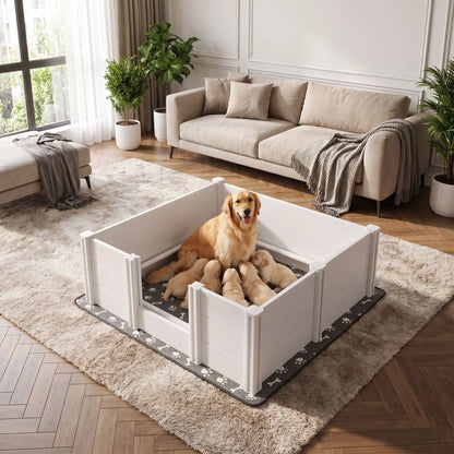 Caisse-de-mise-bas-chien 122x122 cm en PVC imperméable et robuste, entretien facile de couleur blanc et son entrée de 3 hauteur 15/30/46 cm, montage facile rapide sans outil avec son tapis absorbant de 136x136 gris avec motif os et pattes de chien blanches-un chien de grande race avec entrée ajustée pour un accès facile pour elle et sécurisante pour les chiots qui allaite sur le tapis absorbant doux  dans la caisse de mise bas PVC dans le salon de l'appartement